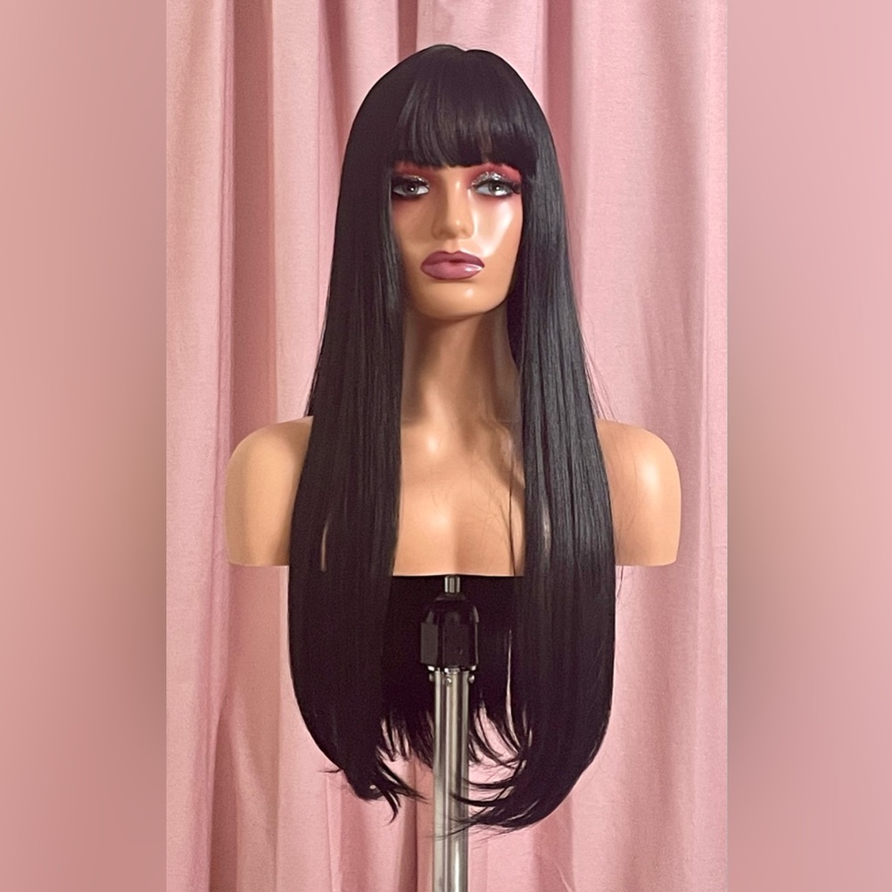 Long Straight Synthetic Wig w/ Bangs - Black